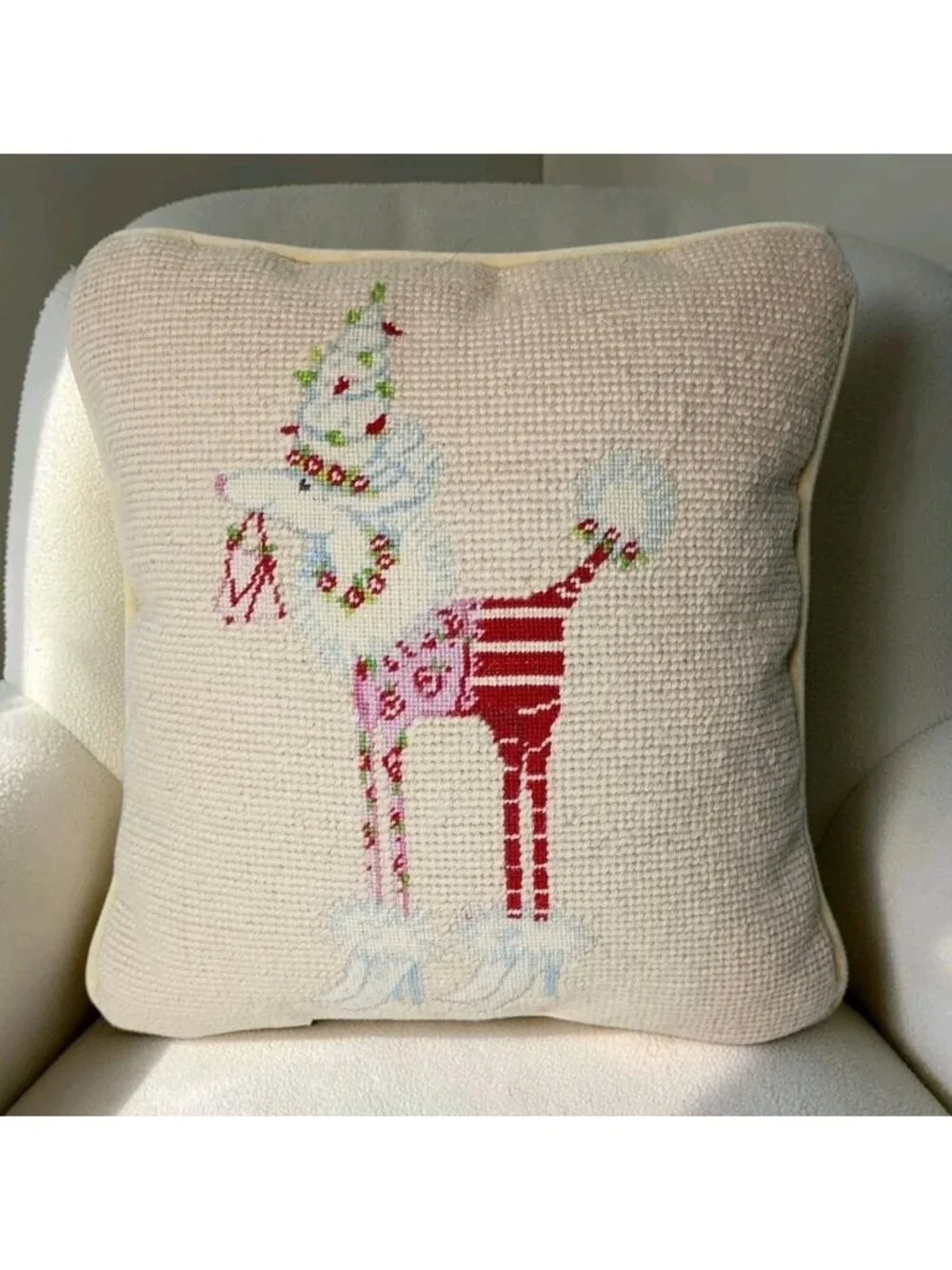 Vtg Wool Needlepoint Fancy Flower Dog Throw Pillow Velvet Back Whimsical 10x9.5